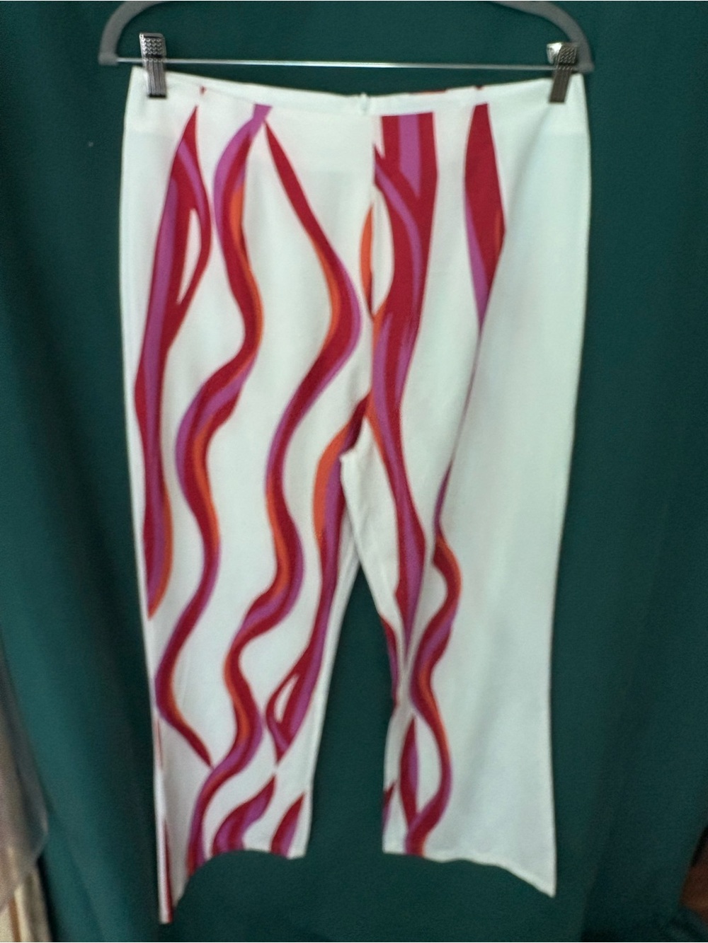 White Pants with Pink & Red Wave Print - Women's Stretch Crop